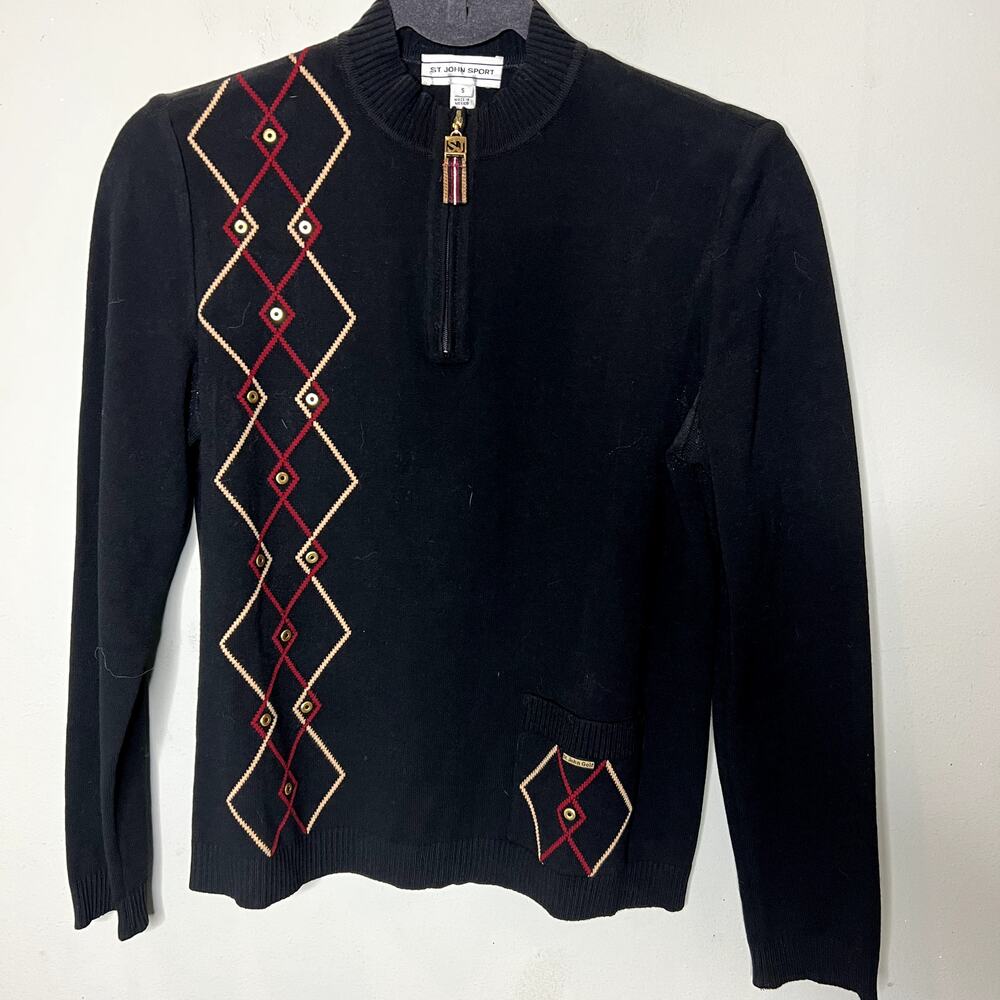 St John Sport Womens Black Argyle Quarter‎ Zip Golf Sweater Mock Neck Size S